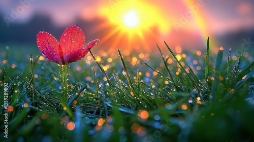 Striking red flower blooming vividly in the grass surrounded by lush greenery in nature