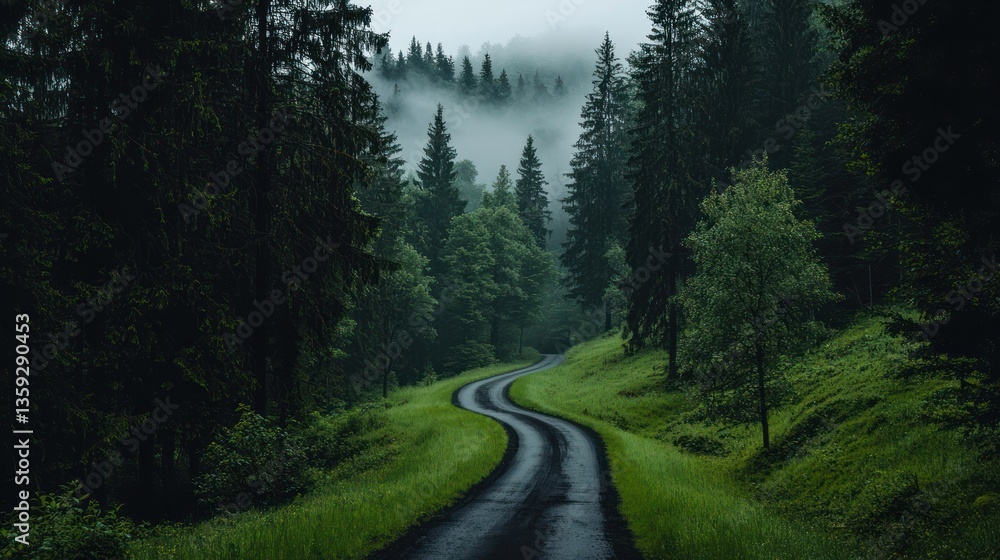 Fototapeta premium A winding road through lush green forests under a foggy sky