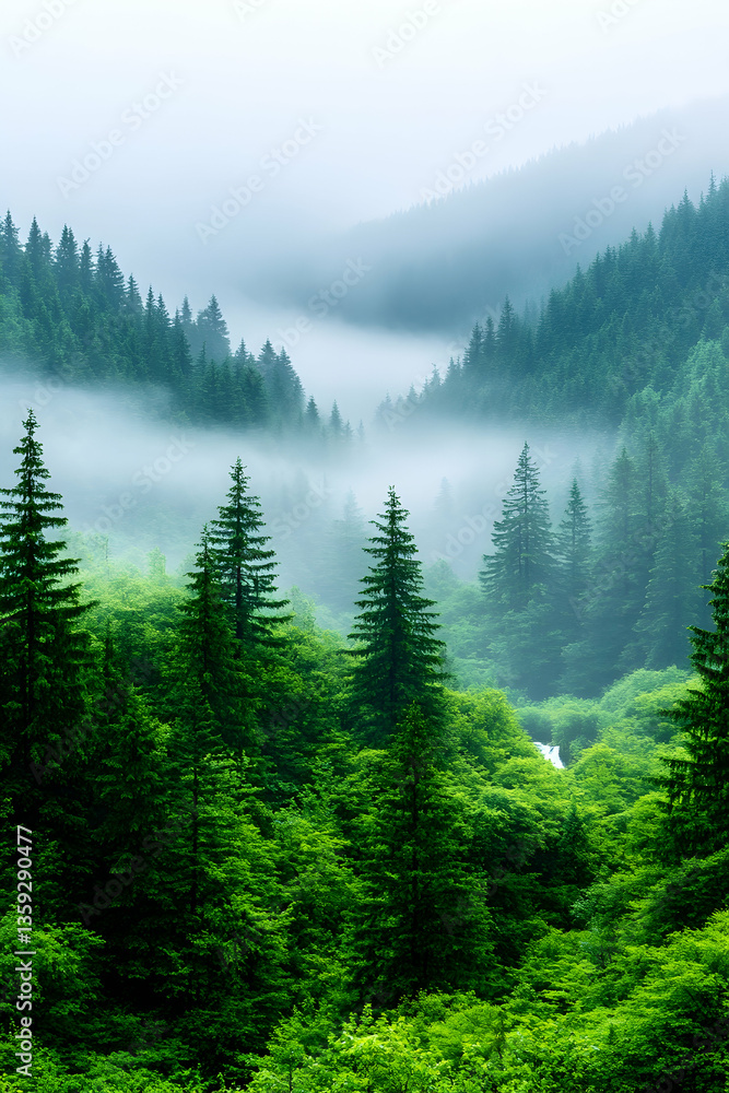 Obraz premium Misty mountain valley with lush green conifers