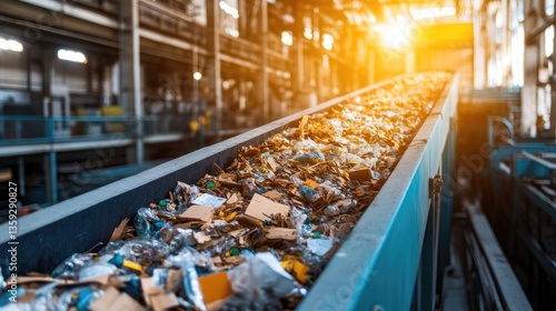 Industrial Recycling: Conveyor belt transporting a stream of waste materials through a modern recycling facility, illuminated by the sun's rays.
