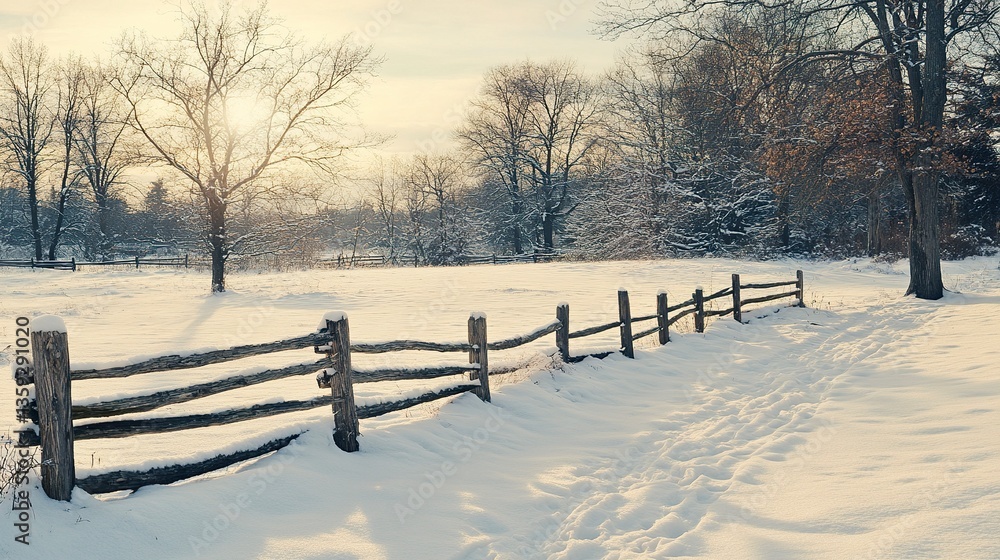 Rustic wooden fence cutting through untouched snow, stark contrast against the white expanse, pastel sunset tones in the sky Rustic wooden fence cutting through untouched snow, stark contrast against the white expanse, pastel sunset tones in the sky