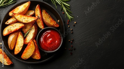 Delicious golden potato wedges and dipping sauce on dark surface