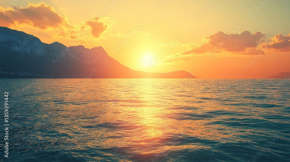 Naklejka premium The beautiful sun setting over the ocean near the mountains