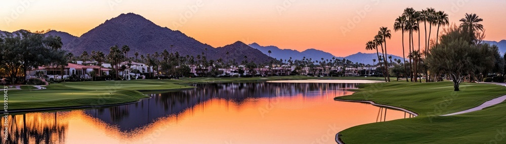 Naklejka premium A scenic sunset view of a lake and surrounding landscapes