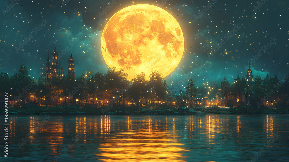 A serene cityscape is lit by a full moon reflecting in the water with stars shining above the citys spires creating a A serene cityscape is lit by a full moon reflecting in the water with stars shining above the citys spires creating a