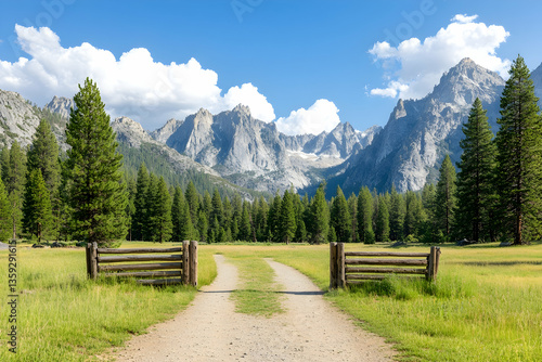 Wallpaper Mural Mountain meadow with wooden gate and dirt road leading to majestic peaks under a bright, partly cloudy sky Torontodigital.ca
