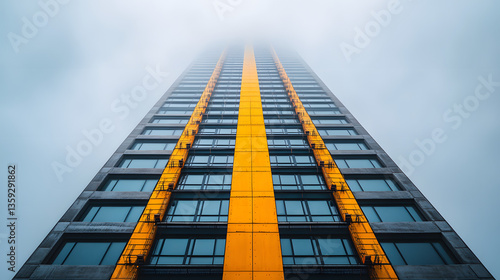 Skyward Gaze: A towering skyscraper pierces the sky, its sleek glass facade and bold yellow accent lines disappearing into the ethereal embrace of the clouds.