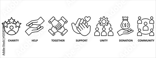 Volunteering banner web icon vector illustration concept for volunteer aid assistant with icon of charity, help, together, support, unity, donation, and community