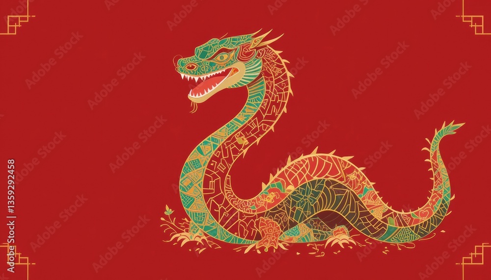 Fototapeta premium Ornate Chinese Dragon Illustration on Red Background with Traditional Border