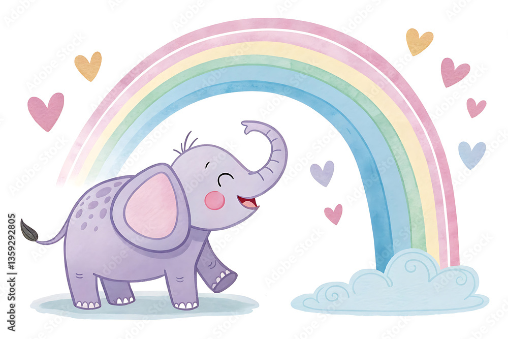 Cute Cartoon Elephant Under Rainbow – Whimsical & Playful Children’s Illustration Cute Cartoon Elephant Under Rainbow – Whimsical & Playful Children’s Illustration