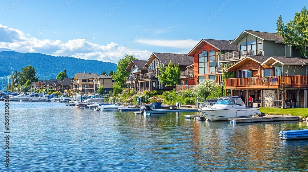 Sandpoint Idaho, city beach park overlooking Lake Pend Oreille, condos and resorts on waterfront, boats gently docked in marinas, sunny summer day Sandpoint Idaho, city beach park overlooking Lake Pend Oreille, condos and resorts on waterfront, boats gently docked in marinas, sunny summer day