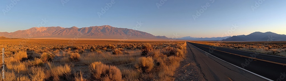 Fototapeta premium A wide panoramic view of a desert road and mountains
