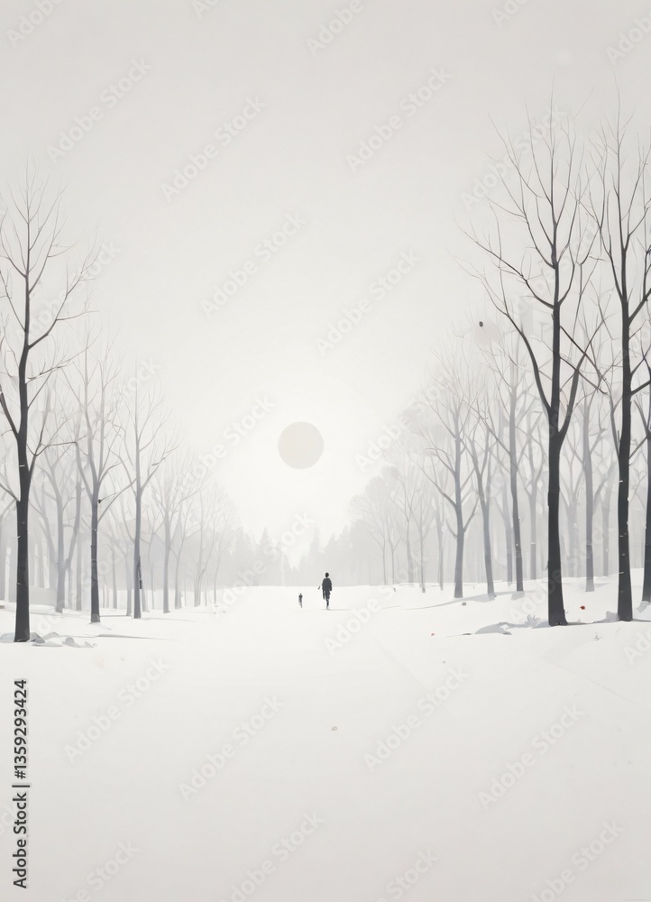 Fototapeta premium A serene winter landscape featuring a sun shining through the snow-capped trees in a desolate path.