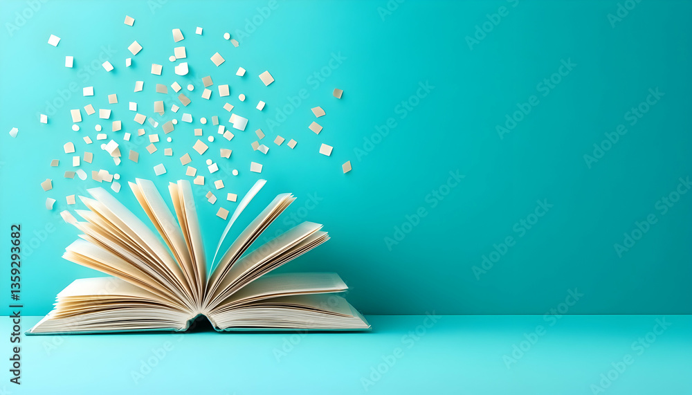 Fototapeta premium Open book with magical sparkles on teal background