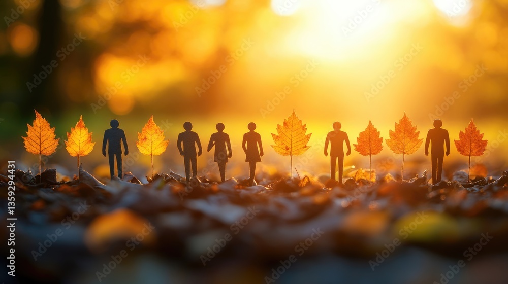 Fototapeta premium Golden Leaves and Silhouettes: A captivating tableau of human silhouettes framed by autumn leaves, set against a soft focus golden sunlit backdrop, evoking warmth and introspection.