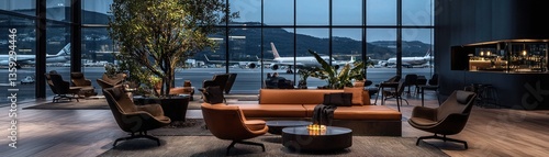 A comfortable airport lounge with planes visible through large windows