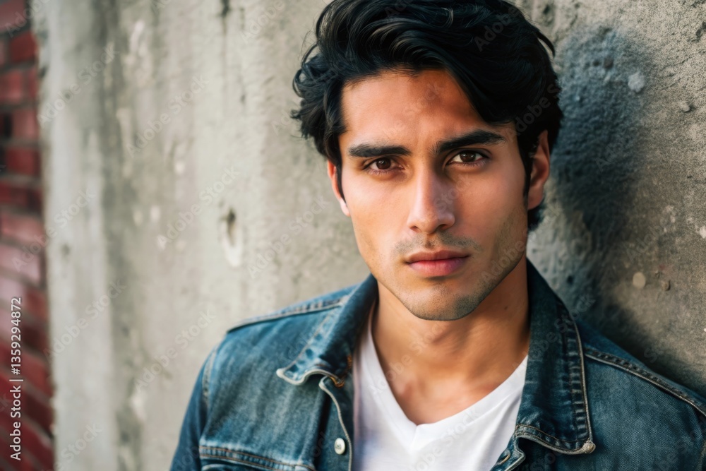 Portrait of young hispanic man with strong jawline in denim jacket leaning against urban wall lifestyle photography street view contemporary vibe Portrait of young hispanic man with strong jawline in denim jacket leaning against urban wall lifestyle photography street view contemporary vibe