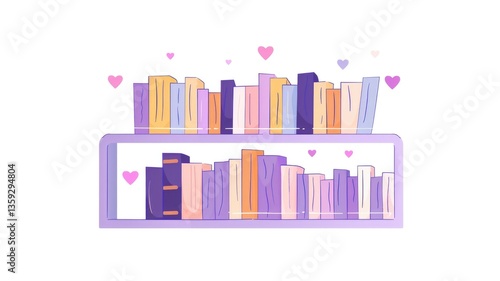 Colorful bookshelf filled with pastel colored books surrounded by heart shapes and small dots, creating whimsical loving atmosphere. The artistic and playful scene for book lovers and dreamer. Indite.