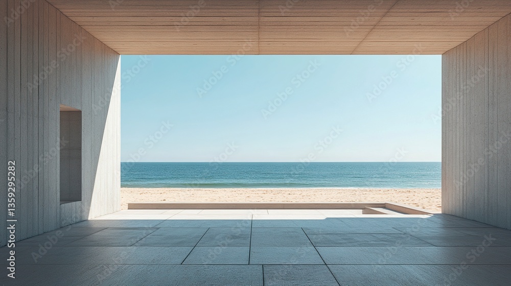 Fototapeta premium Seaside architectural masterpiece, minimalist structure overlooking the ocean, framed by sand and sky, clear daylight and room for copy space. 