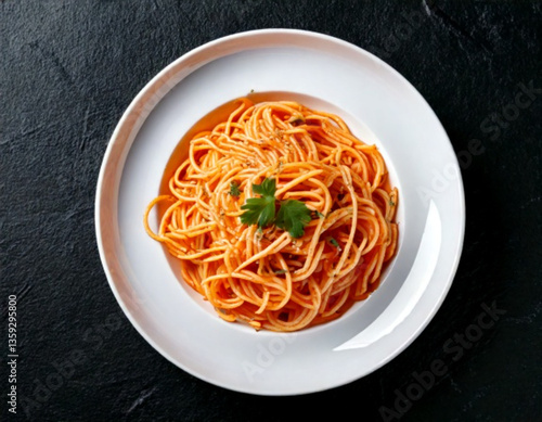 spaghetti on white plate with dark background
