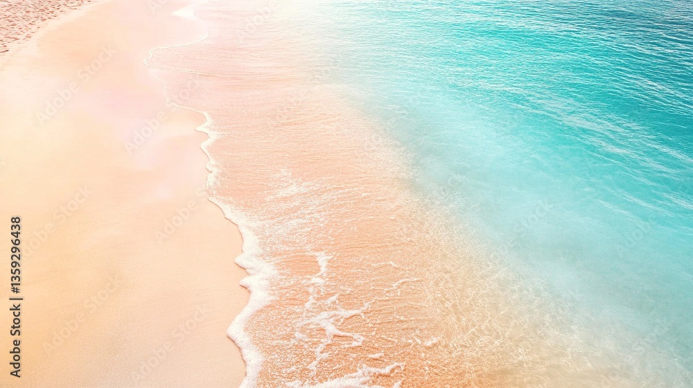 Fototapeta premium Serene beachscape with golden sand meeting pastel-hued horizon, gentle ocean waves lapping, soft pink and orange sunrise tones 