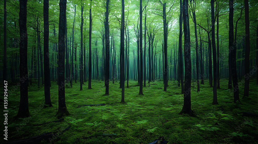 Fototapeta premium A serene green forest filled with tall trees and lush undergrowth creates a peaceful natural scene offering a sense of