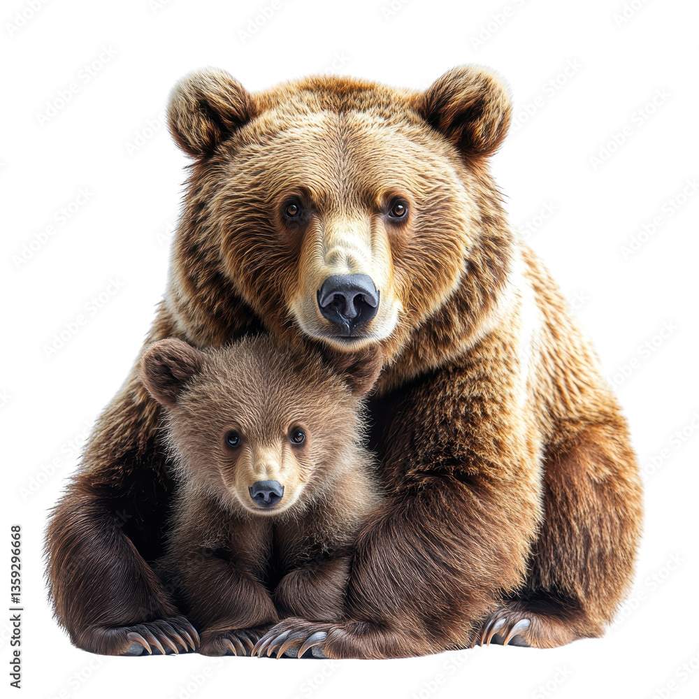 Obraz premium Adult brown bear and cute bear cub isolated on white background