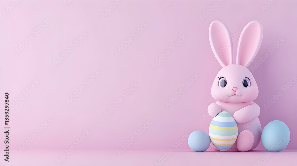 Fototapeta premium Pink Easter bunny holding pastel egg with two others