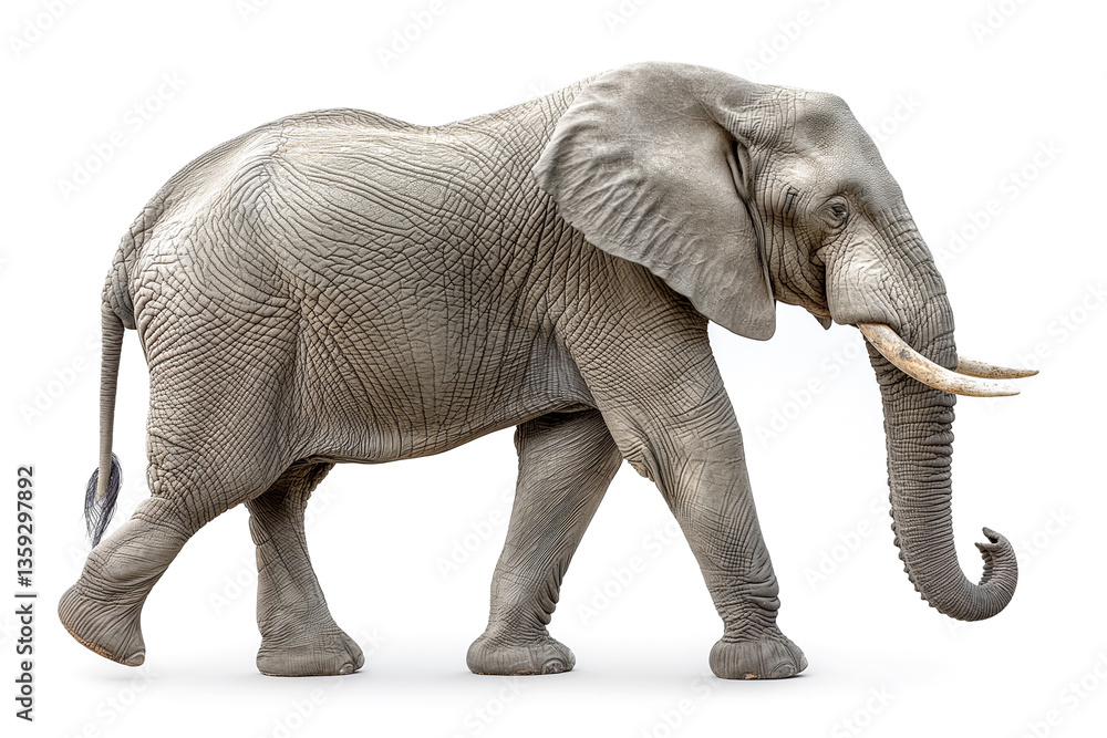 Fototapeta premium A majestic African elephant gracefully walking, showcasing its large ears and tusks against a clean white background.