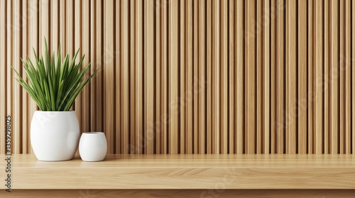 A plant in a white pot rests on a wooden shelf