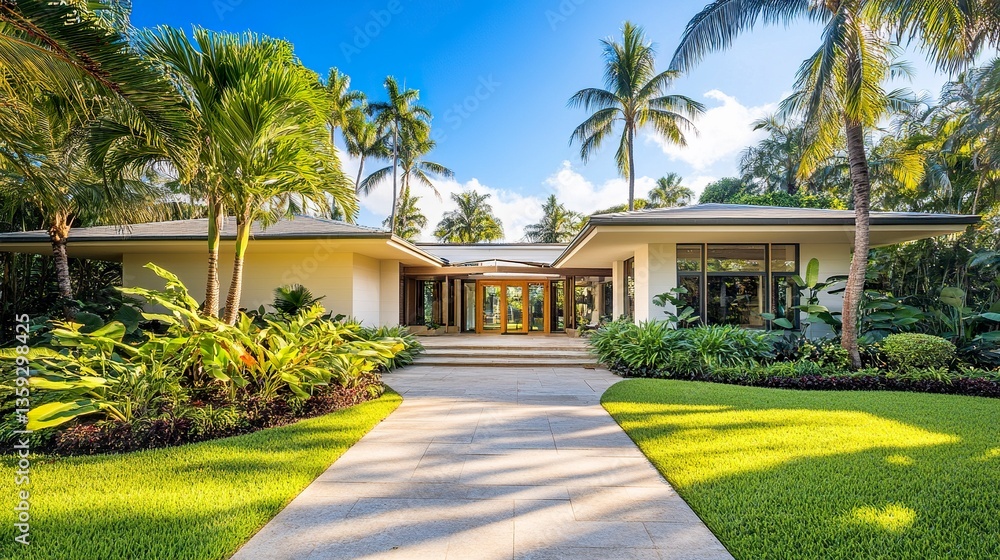 Fototapeta premium Sleek and stylish home surrounded by lush landscaping, tall palms casting gentle shadows on clean white walls, golden sunlight creating a serene tropical retreat. 