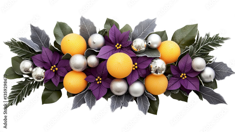 Obraz premium Png of Vibrant floral arrangement with oranges, purple flowers, and silver ornaments, evoking festive cheer on transparent background.