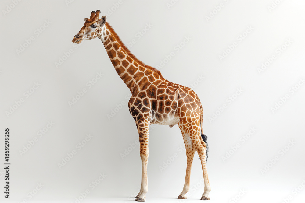 Obraz premium A tall, majestic giraffe stands gracefully against a clean, white background, showcasing its unique spotted pattern.