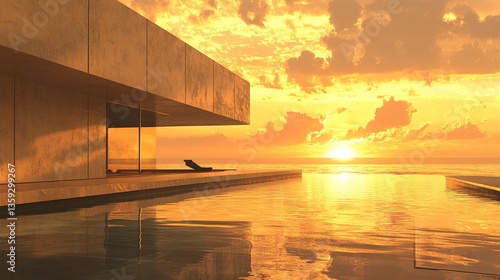 Sleek modern villa with a shimmering infinity pool blending into the horizon, golden hour hues reflecting off glass walls, soft waves visible beyond, serene and luxurious.  