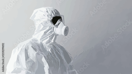 A grayscale, close-up shot of a person wearing a full-body white protective suit, including a hood and a respirator mask.  The background is a plain, light gray wall. The image is sharply focused