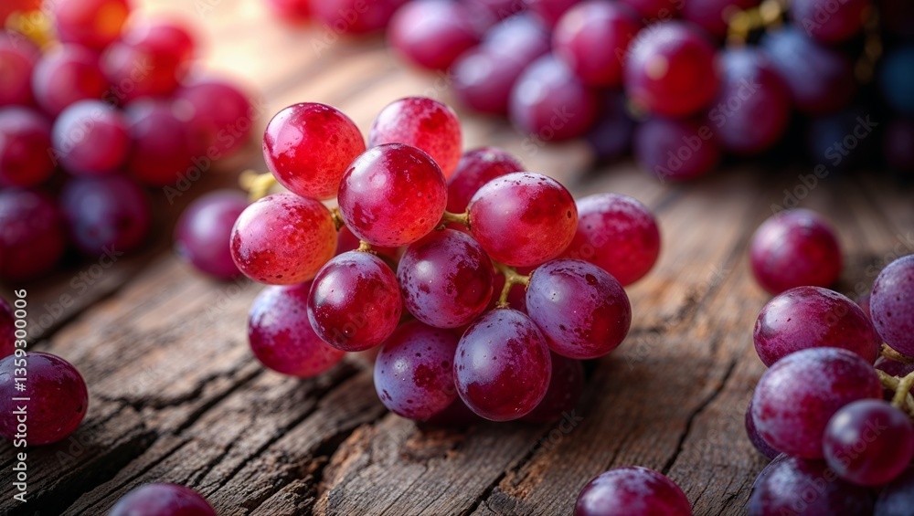 Fototapeta premium Fresh red grapes arranged on wooden surface with soft natural light illuminating their texture and color