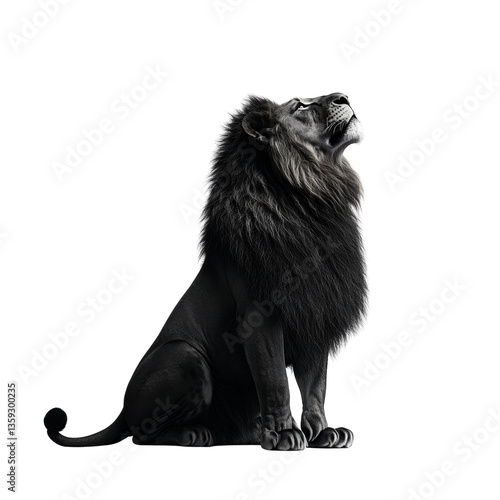 Majestic lion sitting gracefully on the ground exhibiting strength and beauty in a natural setting white isolate background