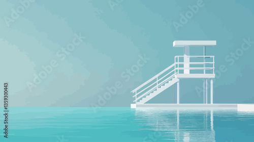 The image depicts a minimalist rendering of a white diving platform situated at the edge of a calm, turquoise pool. The platform has a simple design with a ladder and a small shelter. The