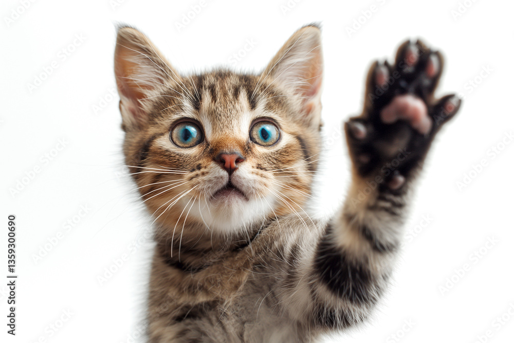 A curious tabby kitten with striking blue eyes, playfully reaching out with its paw against a bright background. A curious tabby kitten with striking blue eyes, playfully reaching out with its paw against a bright background.