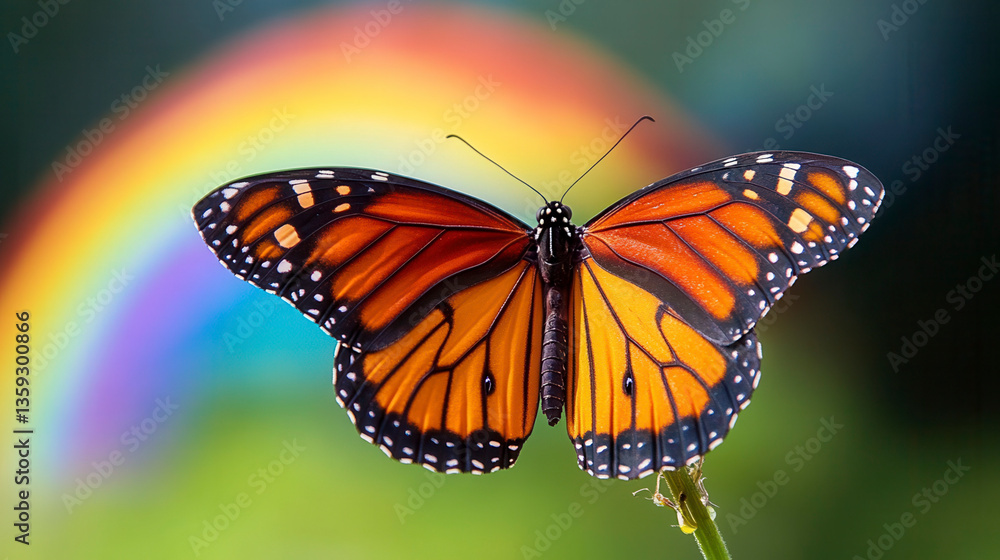 Colorful butterfly displaying wings under rainbow in nature macro photography vibrant environment close-up view Colorful butterfly displaying wings under rainbow in nature macro photography vibrant environment close-up view