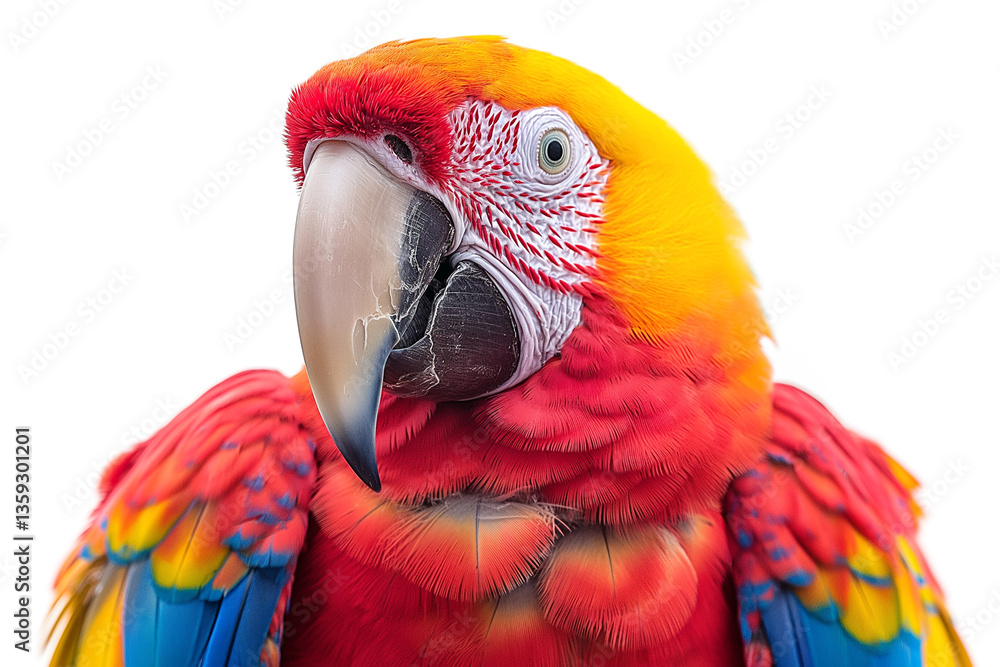 Obraz premium A vibrant scarlet macaw with stunning red and yellow plumage, showcasing its striking features against a white background.