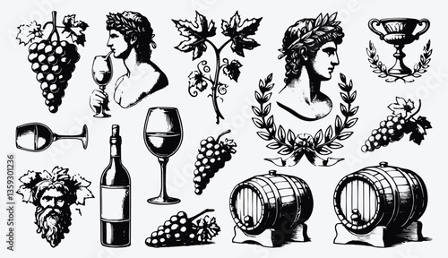 Vintage wine collection of grapes, barrels, goblets, statuettes with a refined graphic design and illustrations in a classical style for connoisseurs and enthusiasts