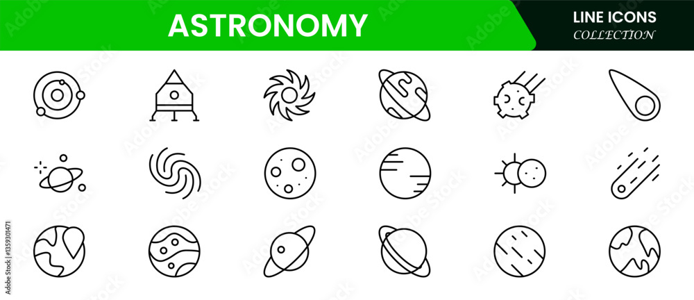 Fototapeta premium Astronomy Space and Technology icon set. It contains satellites, the universe, astronauts, rockets, comets, telescopes, and planets, as well as more icons related to space and astronomy.