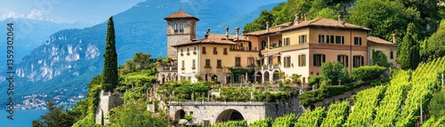 A beautiful grand villa overlooking a scenic lake and mountain landscape