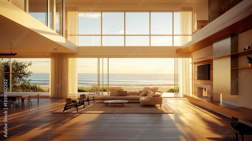 Fototapeta premium Spacious beach house with warm light pouring in, subtle earthy tones, large windows overlooking the ocean, serene golden hour ambiance 
