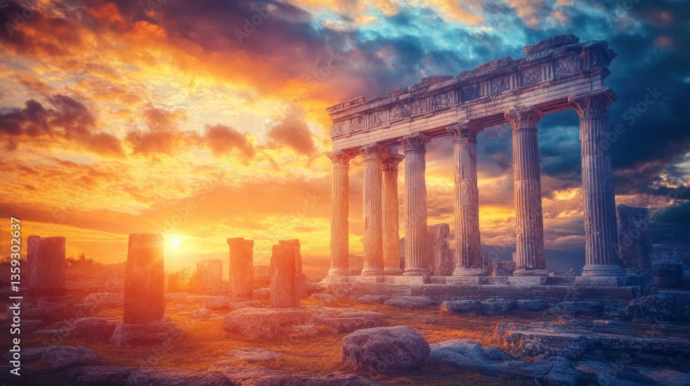 Fototapeta premium An ancient temple and pillars stand under a dramatic sunset