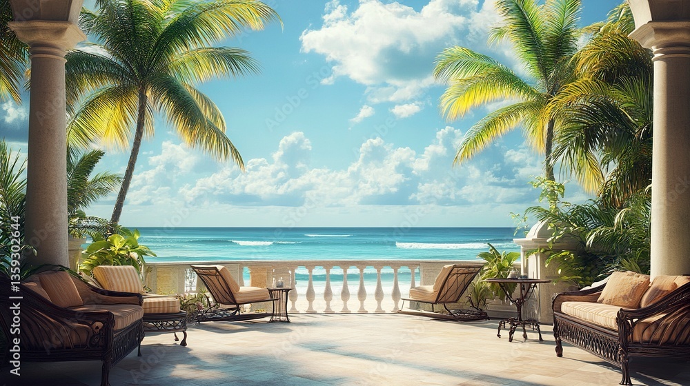 Fototapeta premium Spacious seaside patio, elegant furniture with soft cushions, pristine beach stretching to turquoise ocean, palm trees framing the view