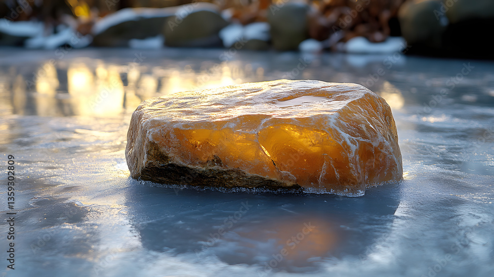 Golden Stone Amidst the Frozen Lake: A captivating image of a golden-hued stone, exuding a warm internal glow, placed upon a frozen lake.