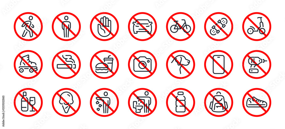 Prohibited and forbidden editable stroke outline icons set isolated on white background flat vector illustration. Pixel perfect. 64 x 64. Prohibited and forbidden editable stroke outline icons set isolated on white background flat vector illustration. Pixel perfect. 64 x 64.