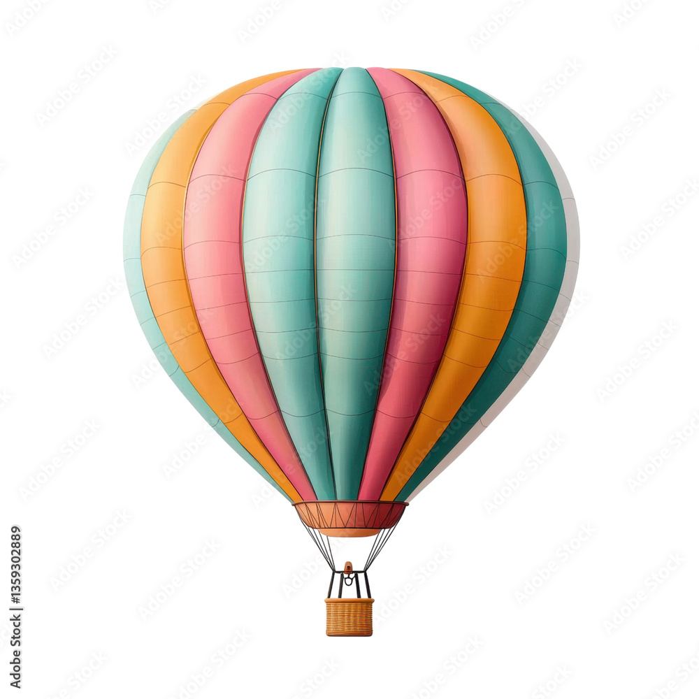 Fototapeta premium Colorful hot air balloon with pink, orange, and teal stripes against a transparent background. Concept of travel, adventure, and flight.